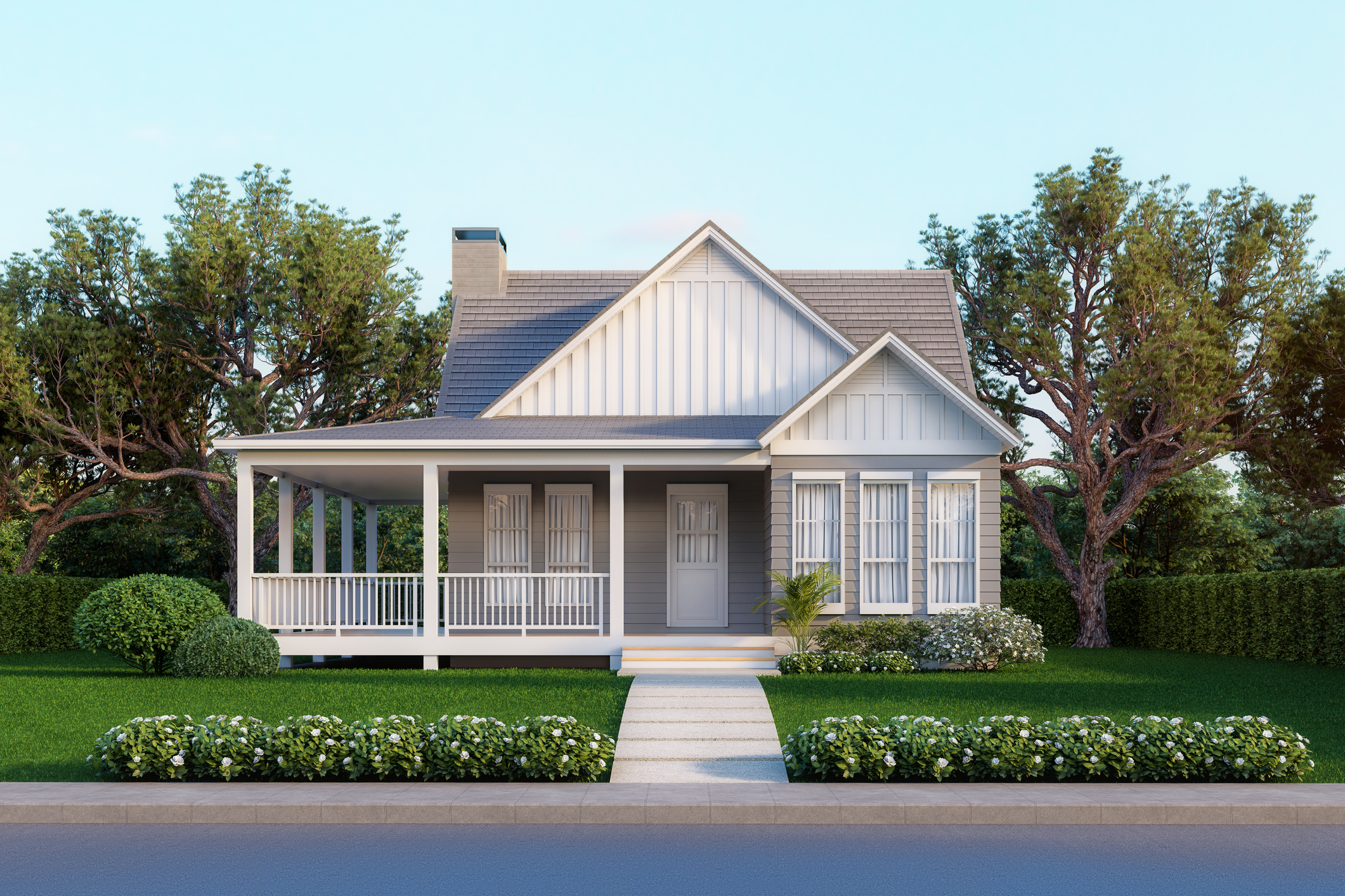 Modern style cottage tiny house on green lawn 3d render There is a road in front surrounded by nature.
